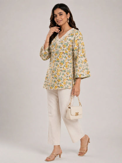 Women's Beige Floral Print Corset Style Short Kurti with V-Neck, Three-Quarter Flared Sleeves and Adjustable Back Tie-Up for Casual Wear