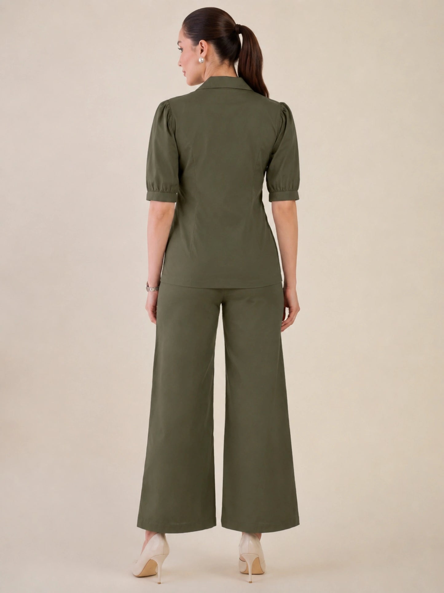 Women Olive Green Puff Sleeves Co-ord Set