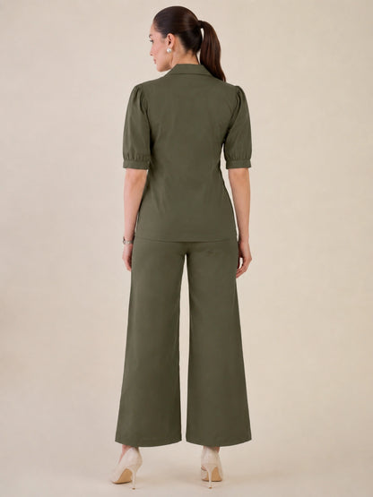 Women Olive Green Puff Sleeves Co-ord Set