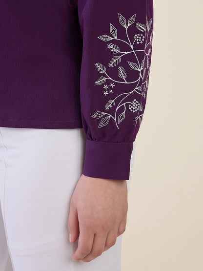 Women Purple Embroidered Peter Pan Collar Shirt