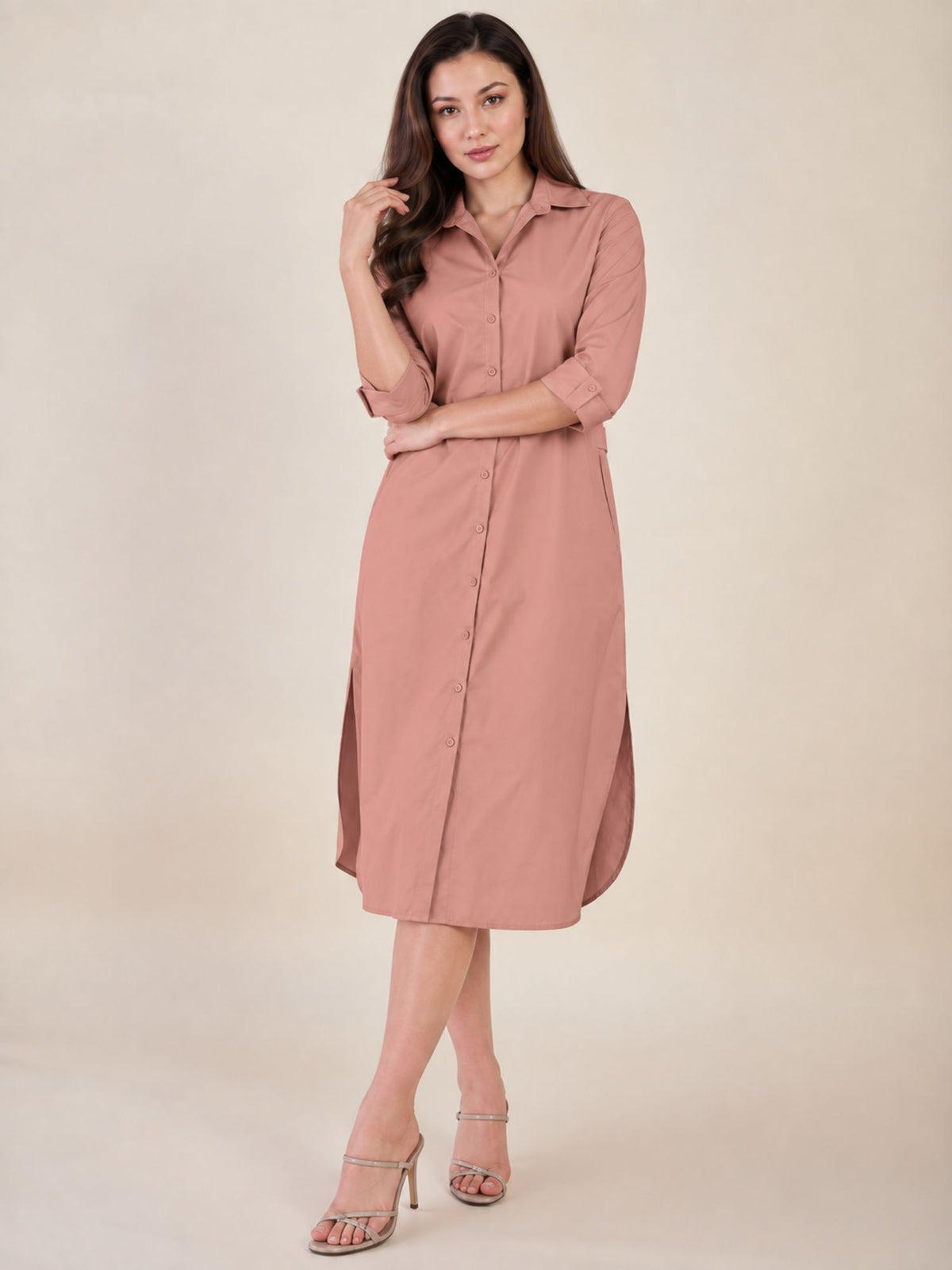 Women's Peach Shirt Dress | Shirt Collared Neck | Button Down Midi Dress with Waist Belt