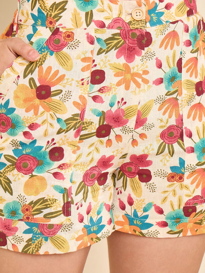 women-floral-print-waistcoat-with-shorts-co-ord-set