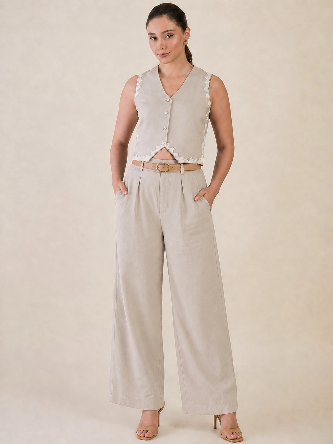 Women Solid Sleeveless V-Neck Lace Detail Waistcoat