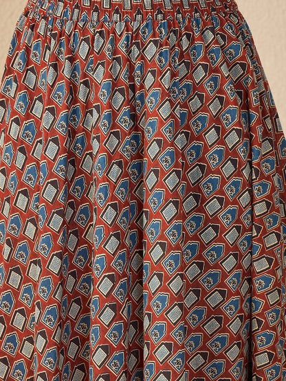 Women Brown Ethnic Printed Cotton Maxi Skirt