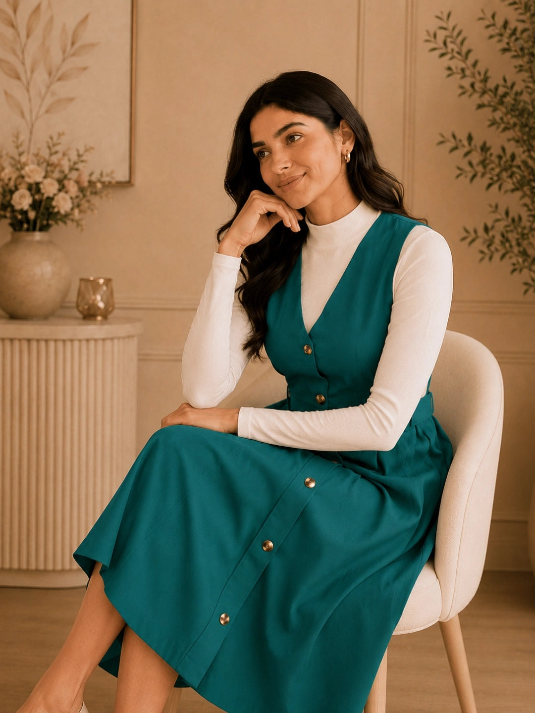 Women Solid Teal Button-Down Pinafore Dress