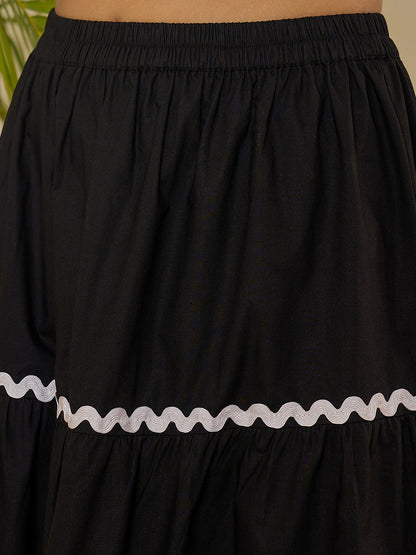 Black Cotton Lace Detailing Crop Top with Skirt Co-ord Set