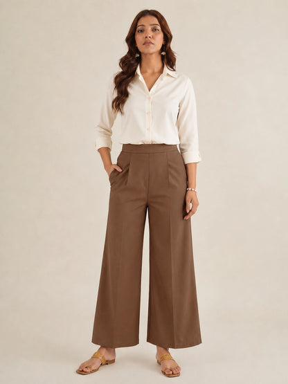 Women's Brown Solid Wide Leg Trousers