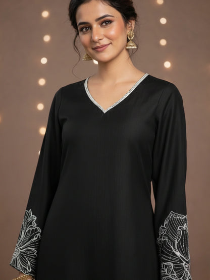 Women's Black Embroidered Kurti & Farshi Salwar set