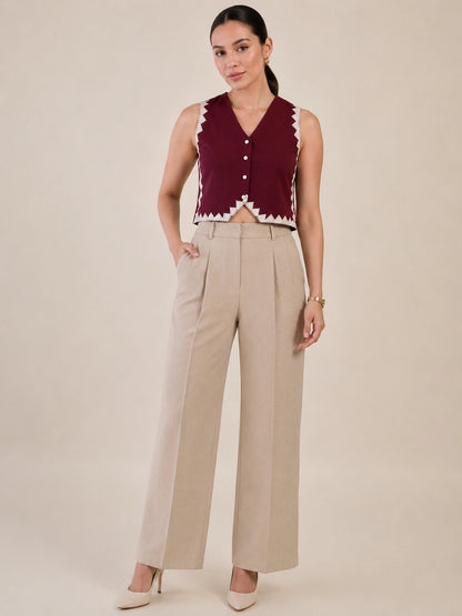 Women Solid Sleeveless V-Neck Lace Detail Waistcoat