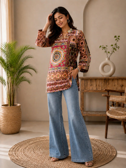 Women Multicolor Ethnic Printed Cotton Short Kurti with 3/4th Straight Sleeves