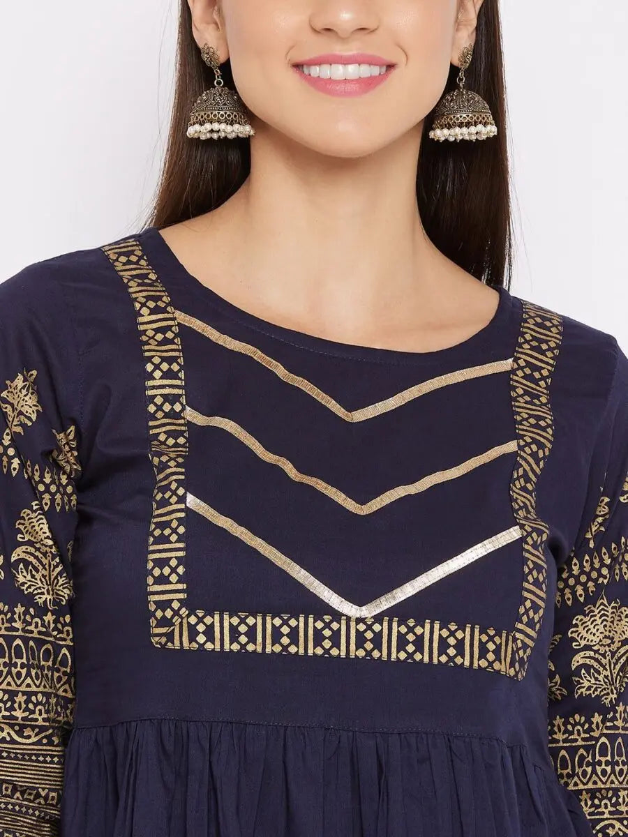 winered-dark-blue-flared-cotton-floral-print-kurta