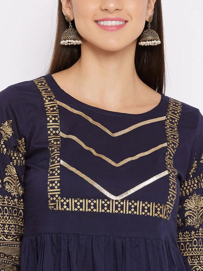 winered-dark-blue-flared-cotton-floral-print-kurta