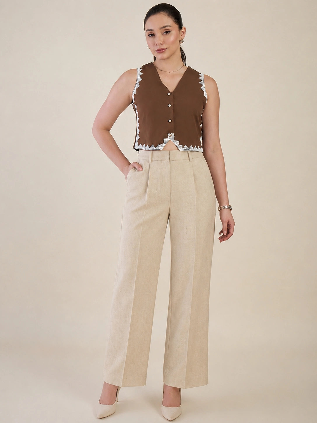 Women Solid Sleeveless V-Neck Lace Detail Waistcoat