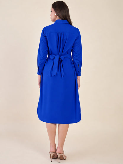 Women's Royal Blue Shirt Dress | Shirt Collared Neck | Button Down Midi Dress with Waist Belt