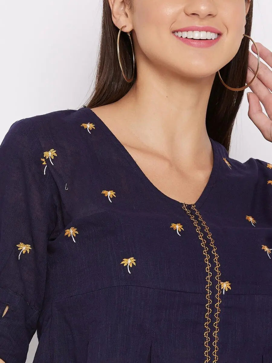winered-navy-blue-a-line-cotton-embroidered-top