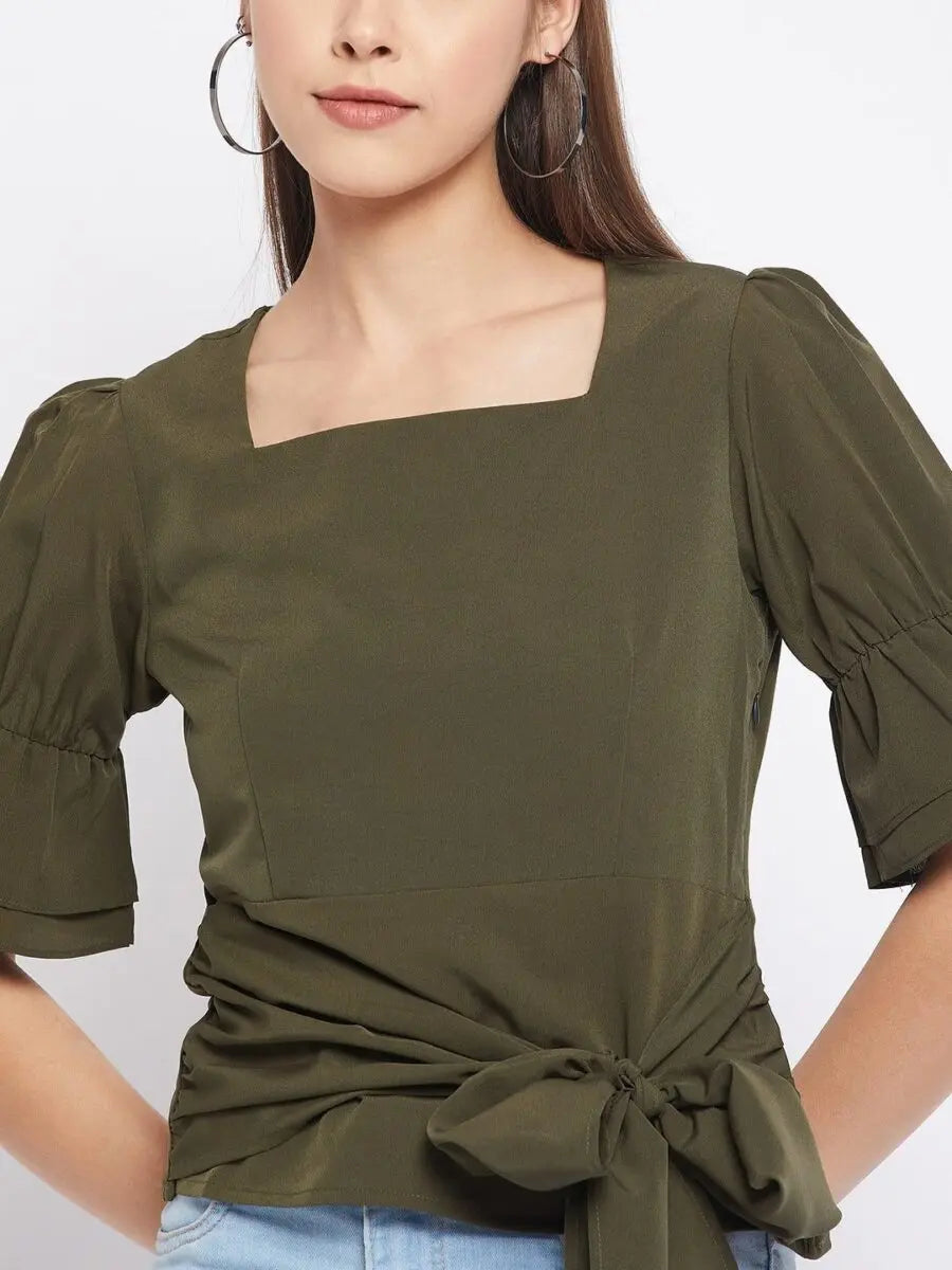 winered-dark-green-solid-polyester-regular-top