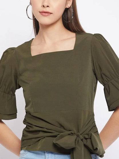winered-dark-green-solid-polyester-regular-top