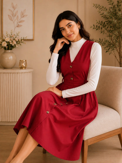 Women Solid Maroon Button-Down Pinafore Dress