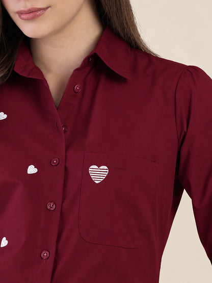 Women Burgundy Heart Embroidered Casual Shirt