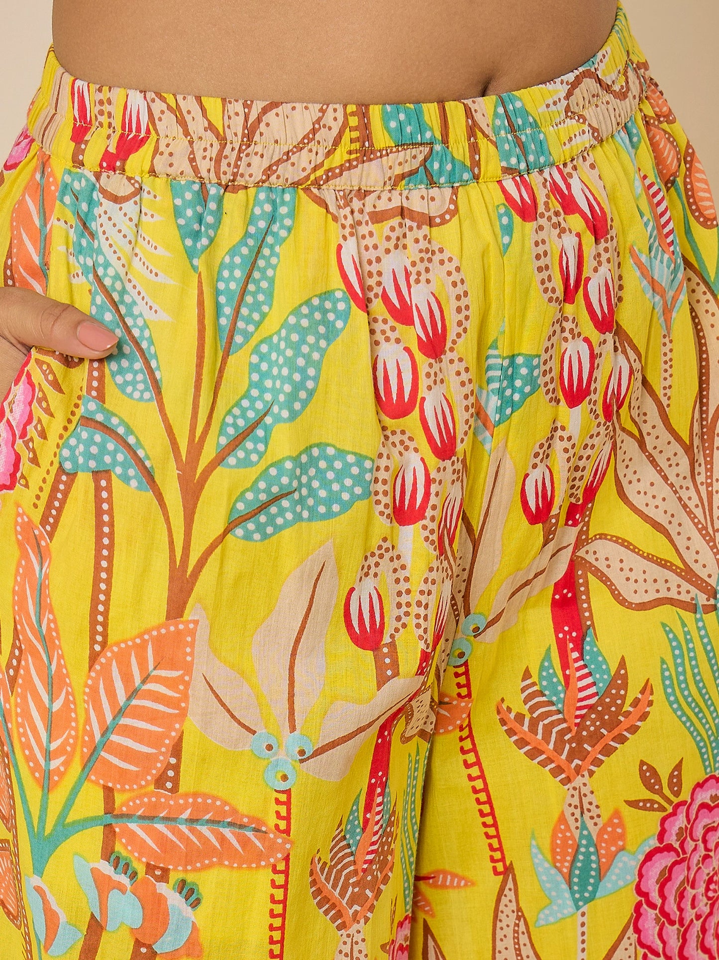 women-yellow-tropical-print-puff-sleeve-tunic-co-ord-set