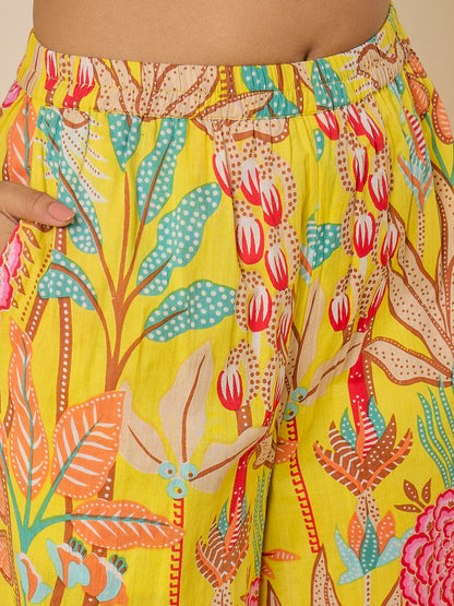 women-yellow-tropical-print-puff-sleeve-tunic-co-ord-set