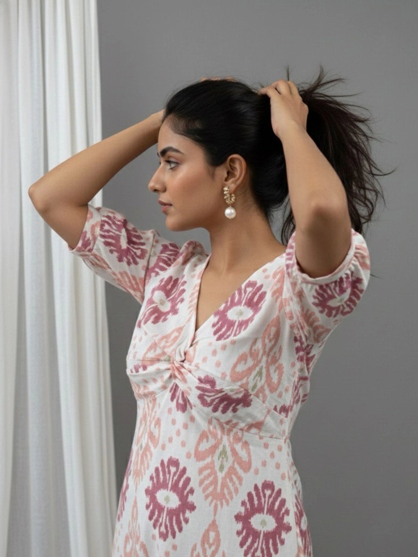 Women Cotton Ikat Printed Knotted Midi Dress