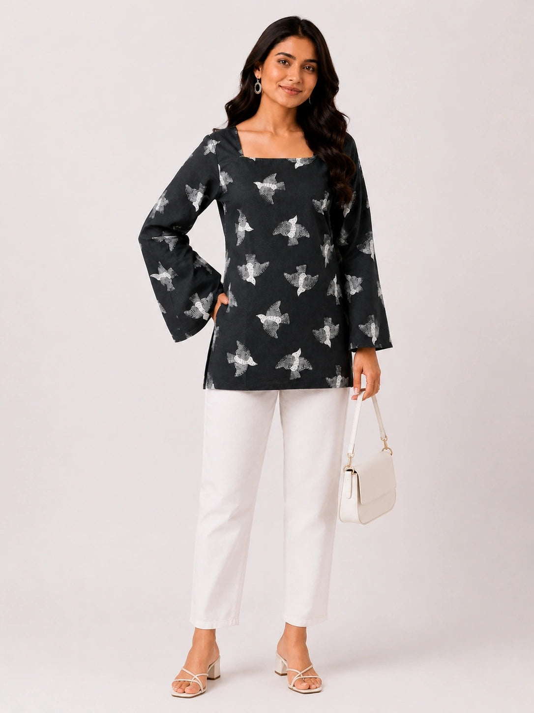 Women's Black Printed Corset Style Short Kurti with Square Neck, Full Bell Sleeves and Adjustable Back Tie-Up for Casual Wear
