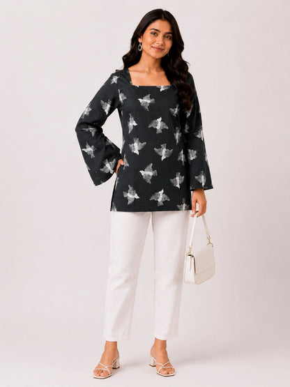 Women's Black Printed Corset Style Short Kurti with Square Neck, Full Bell Sleeves and Adjustable Back Tie-Up for Casual Wear