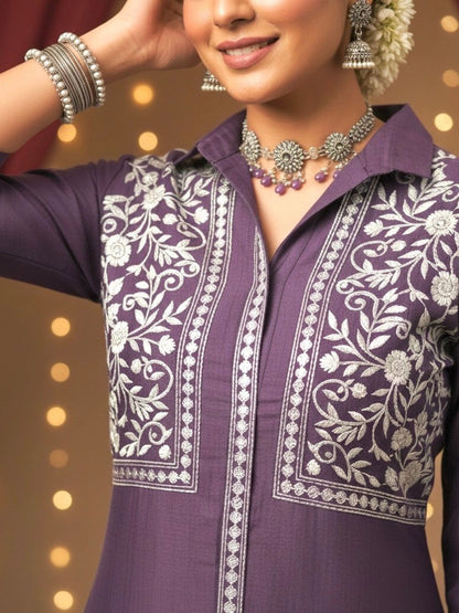 Women Purple Embroidered Tunic with Harem Salwar Coord Set