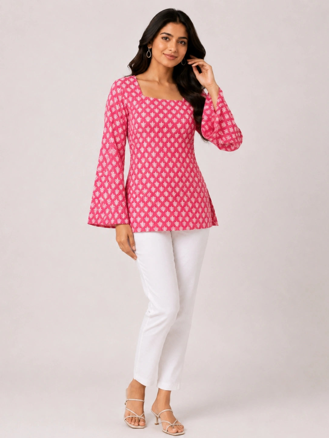 Women's Pink Printed Corset Style Kurti with Square Neck, Full Bell Sleeves and Adjustable Back Tie-Up for Casual Wear