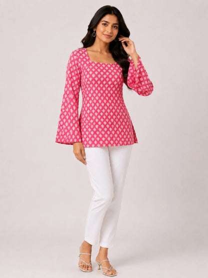 Women's Pink Printed Corset Style Kurti with Square Neck, Full Bell Sleeves and Adjustable Back Tie-Up for Casual Wear