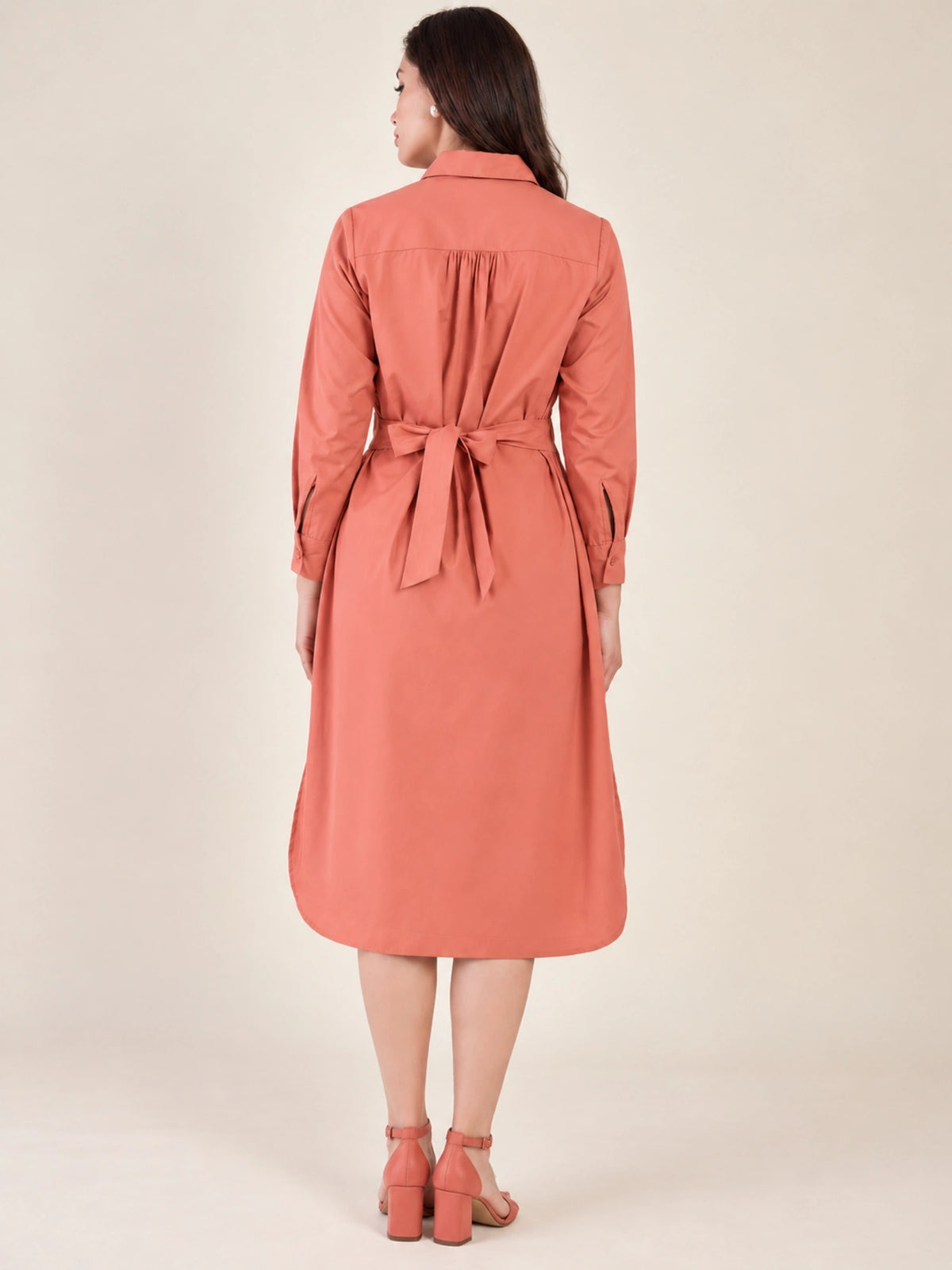 Women's Peach Shirt Dress | Shirt Collared Neck | Button Down Midi Dress with Waist Belt