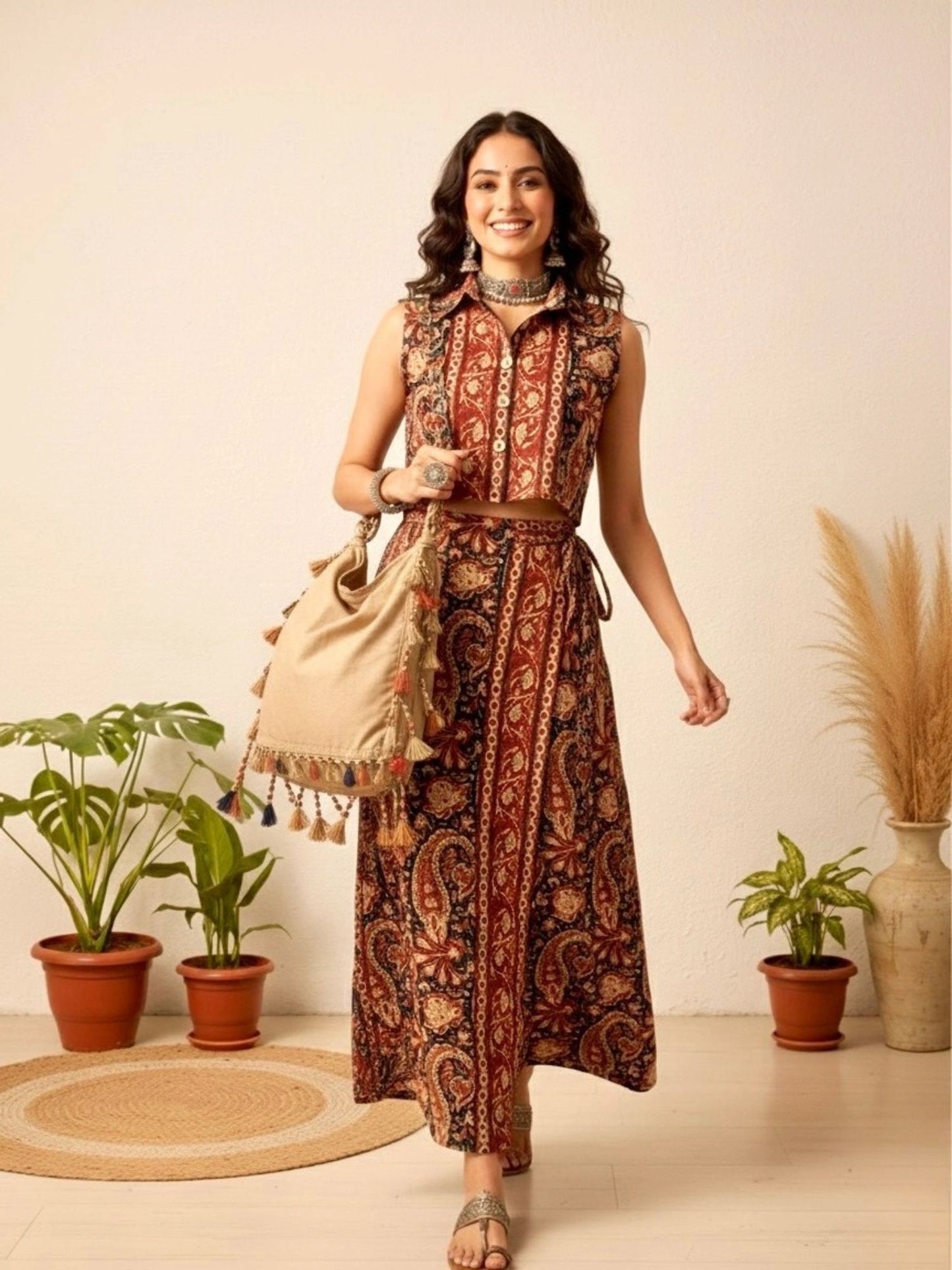 Women's Ethnic Printed Sleeveless Crop Shirt & Tie-Up Wrap Skirt Set