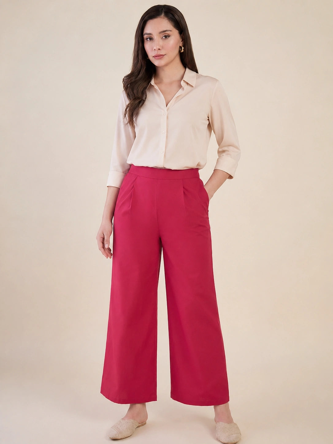 Women's Solid Pink Wide Leg Trousers