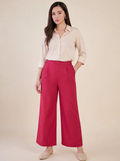 Women's Solid Pink Wide Leg Trousers