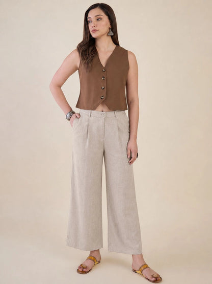 Women Solid Sleeveless V-Neck Waistcoat Top