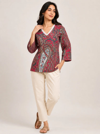 Women's Pink Paisley Print Short Kurti with V-Neck Lace Detail and Three-Quarter Sleeves for Casual Wear