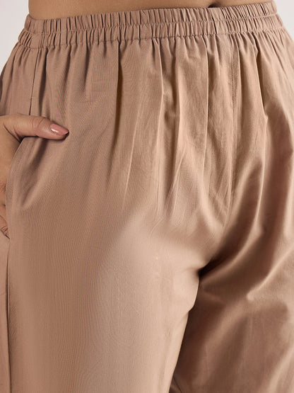 Women Brown cotton embroidered straight-cut kurta