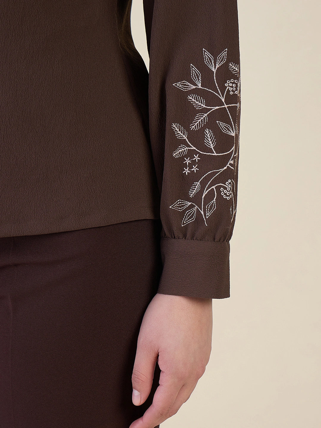 Women Brown Embroidered Peter Pan Collar Shirt