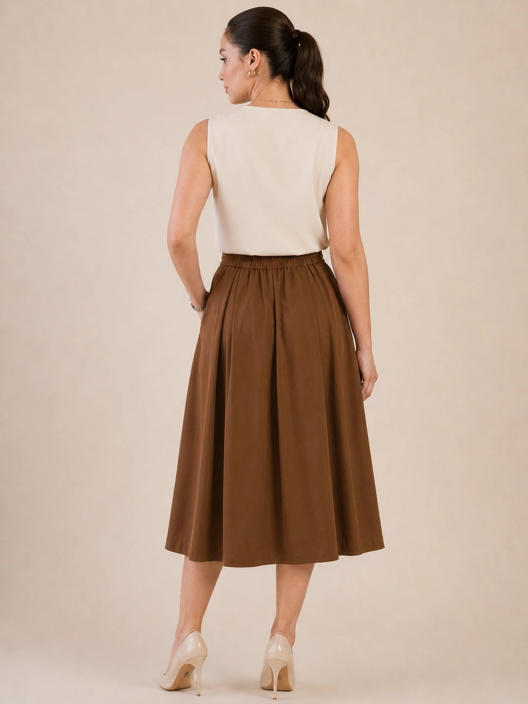 Women Brown Solid Pleated Flared Midi Skirt