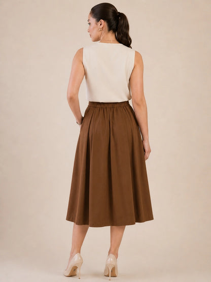 Women Brown Solid Pleated Flared Midi Skirt