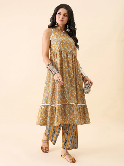 Women's Yellow Floral Printed Sleeveless A-Line Kurta with Palazzo Set | Round Neck Ethnic Wear | Casual & Festive Wear