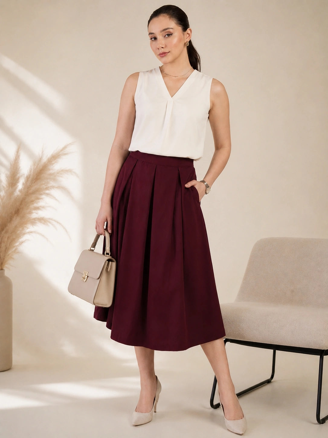Women Bugundy Solid Pleated Flared Midi Skirt