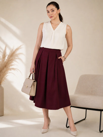 Women Bugundy Solid Pleated Flared Midi Skirt