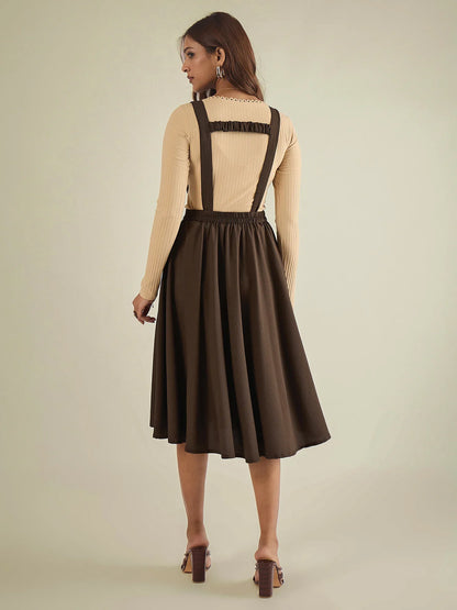 winered-women-brown-pinafore-flared-dress