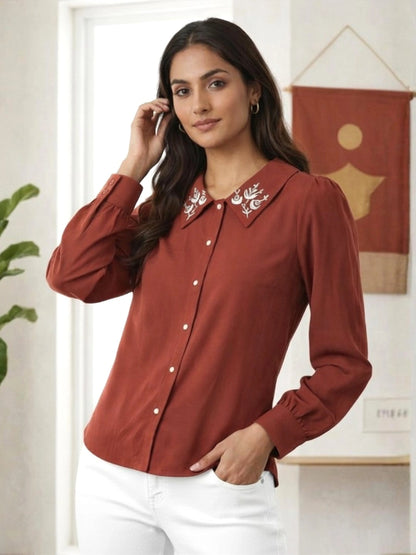 Women Maroon Collared Shirt with Contrast Embriodery