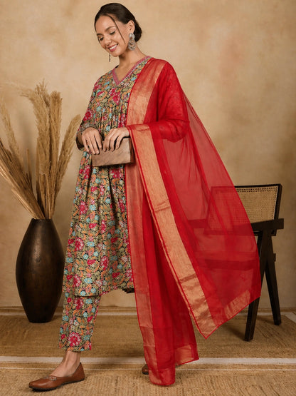WineRed Woman Navy Blue Floral Print Neck Embroidery Naira Cut Kurta, Pant & Dupatta
