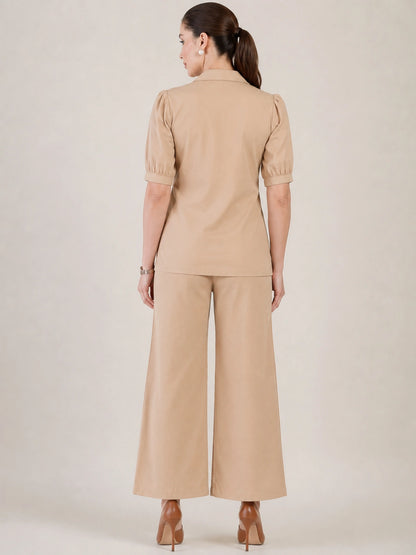 Women Beige Puff Sleeves Co-ord Set