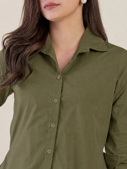Women Green Side Silt Shirt Dress