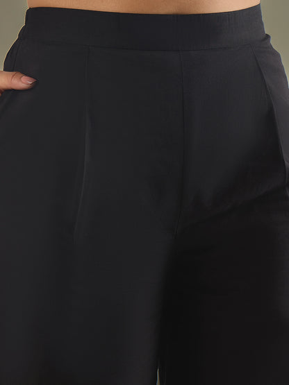 Women Black Cotton Embroidered waistcoat with pant co-ord set